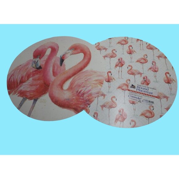 2 Reversible Flamingo Placemats Signed Lisa Audit Counter Art Round USA - Picture 1 of 7